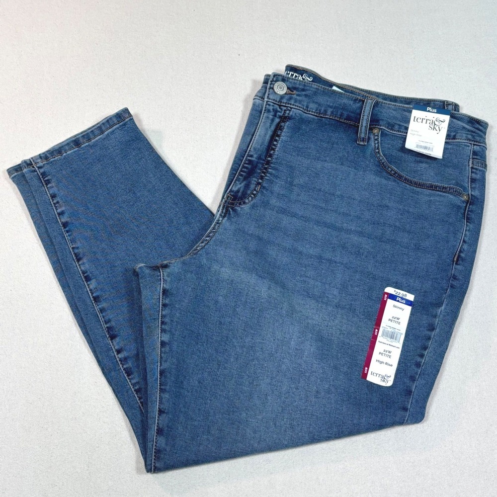 Terra & Sky Plus Size 22W Petite Skinny High Rise Jeans Medium Wash Blue NEW